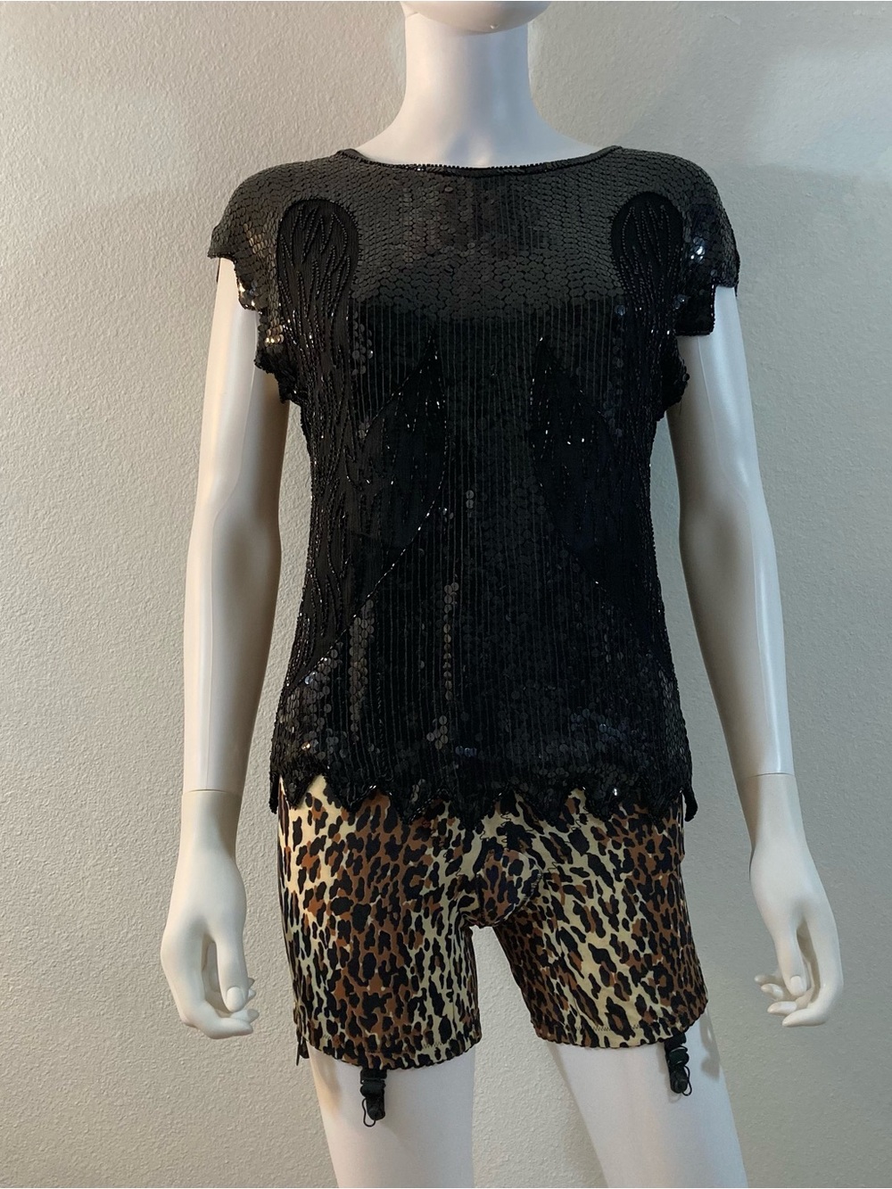 Vintage Black Sequin Beaded Top, 100% Silk